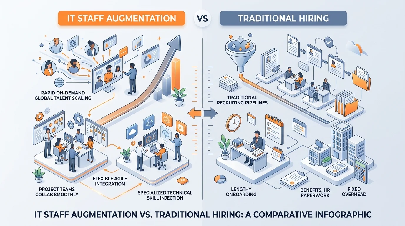 IT Staff Augmentation vs. Traditional Hiring: A Comparative Infographic of Talent Velocity, Cost, and Flexibility