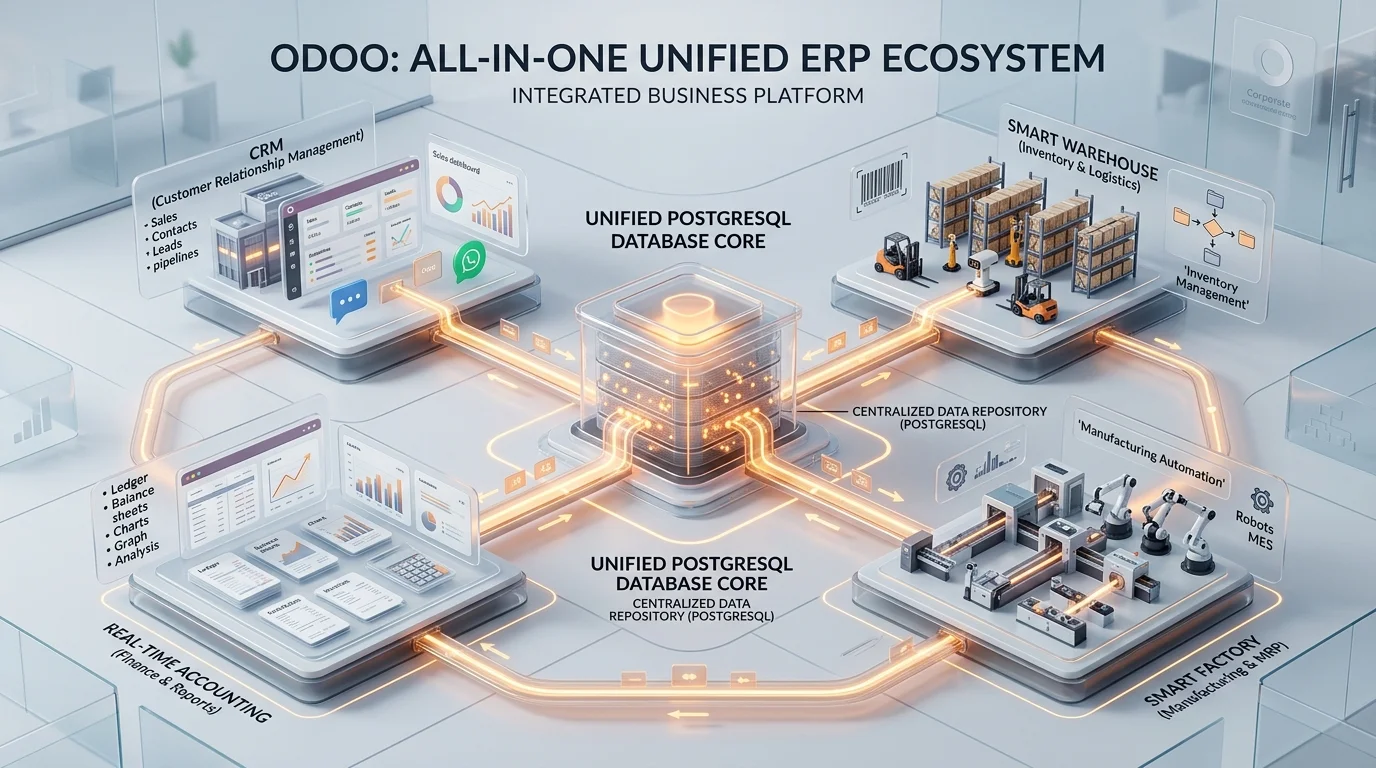 Odoo All-in-One Unified ERP Ecosystem: Centralized PostgreSQL Database connecting CRM, Smart Warehouse, Real-time Accounting, and Smart Factory